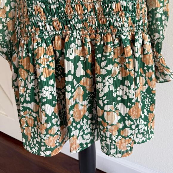 Ramy Brook NWT Lucia Green Floral Smocked Stretch Puff Sleeve Mini Dress Medium - Picture 4 of 14